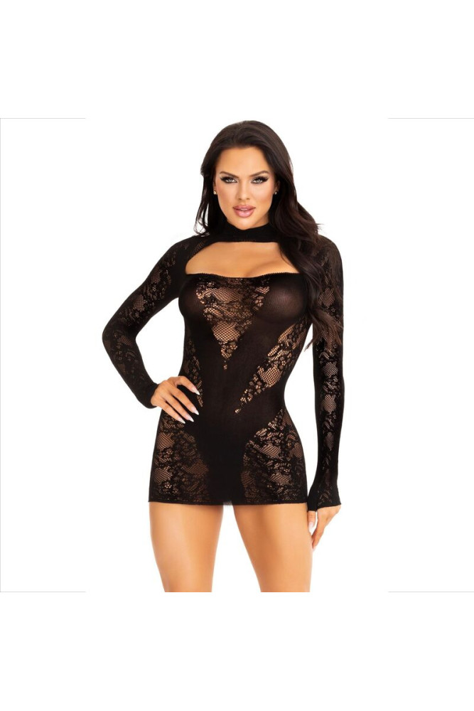 LEG AVENUE - MINI ABITO CON PIZZO MANICA LUNGA NERO