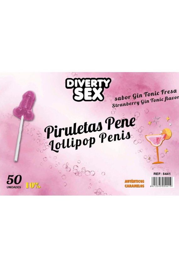 DIABLO GOLOSO - 50 LECCA-LECCA A FORMA DI PENE GIN TONIC GUSTO FRAGOLA 10% ALCOOL