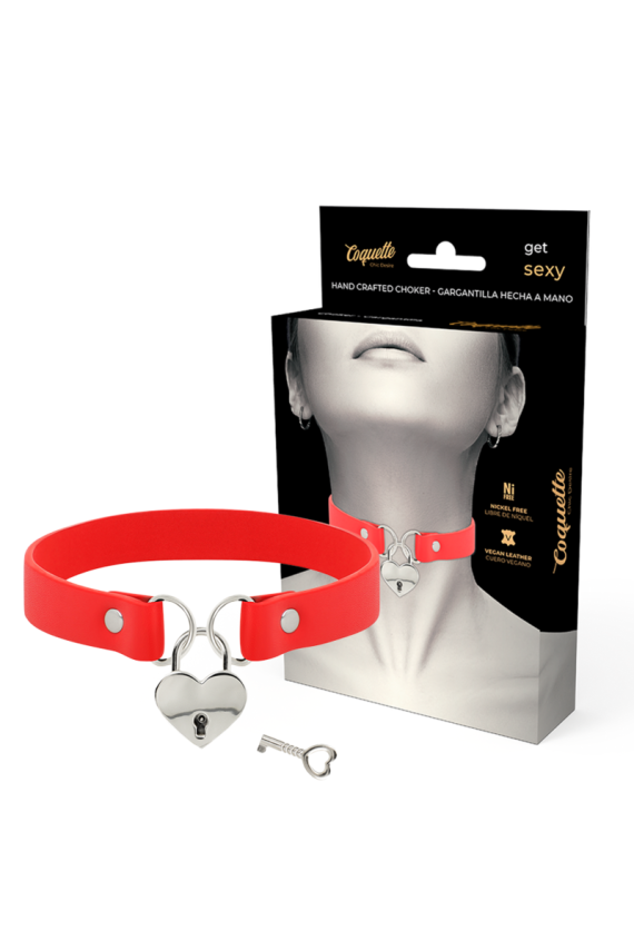 COQUETTE CHIC DESIRE - COLLANA IN PELLE VEGANA ROSSA CON ACCESSORIO CUORE CON CHIAVE