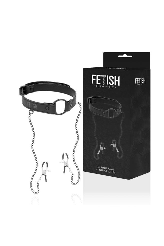 FETISH SUBMISSIVE - ANELLO GAG CON MORSETTI PER CAPEZZOLI