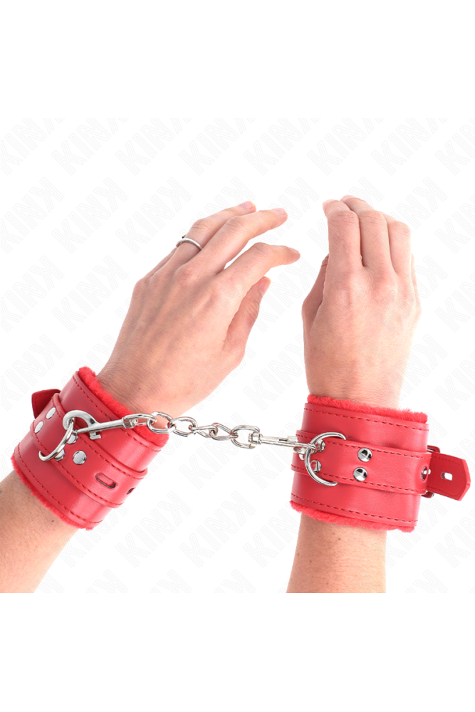 KINK - POLSINI IMBOTTITI IN PELLICCIA CON FORI QUADRI ROSSO E CINTURA ROSSA REGOLABILE 17-29 CM X 6 CM