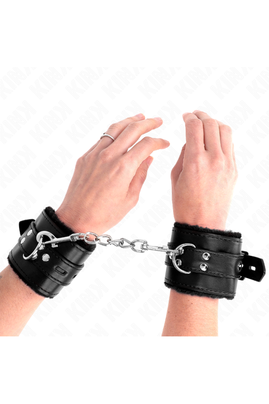 KINK - POLSINI IMBOTTITI IN PELLICCIA CON FORI QUADRI NERI E CINTURA NERA REGOLABILE 17-29 CM X 6 CM