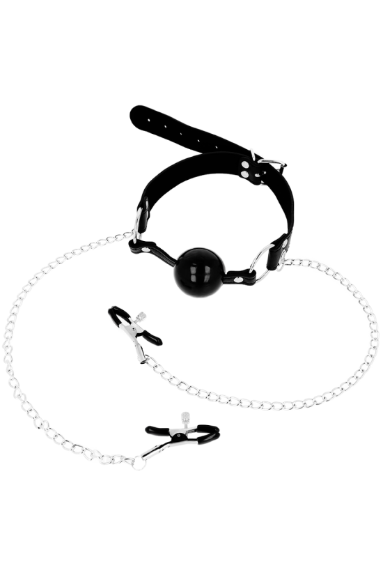 OHMAMA FETISH - MORDAZA BOLA NEGRA CON PINZAS PEZONES