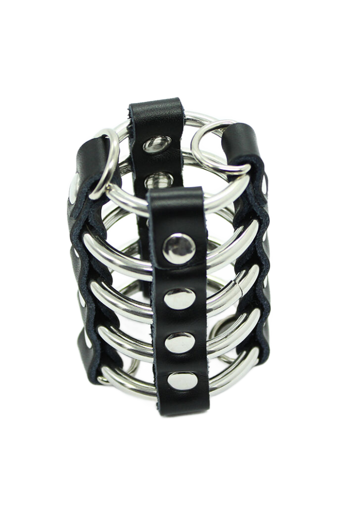 OHMAMA FETISH - GABBIA PER PENE CON ANELLI IN METALLO E CINTURINI IN PELLE