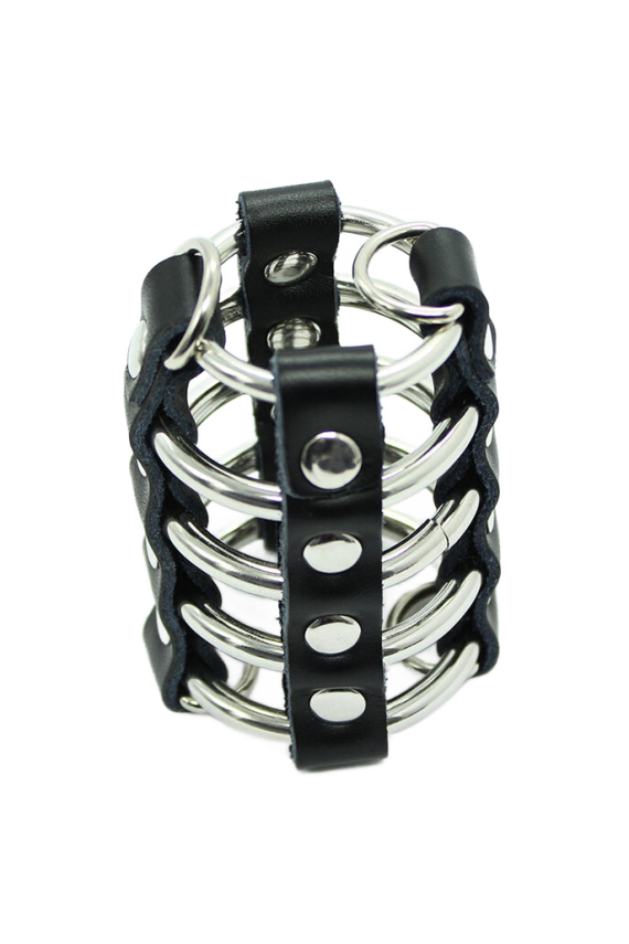 OHMAMA FETISH - GABBIA PER PENE CON ANELLI IN METALLO E CINTURINI IN PELLE