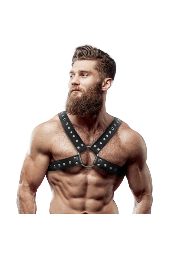 FETISH SUBMISSIVE ATTITUDINE - IMBRACATURA PER IL PETTO IN ECOPELLE INCROCIATA DA UOMO CON BORCHIE