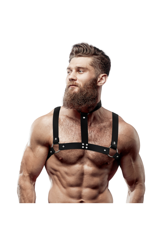 FETISH SUBMISSIVE ATTITUDINE - IMBRACATURA REGOLABILE IN ECOPELLE CON COLLANA PER UOMO