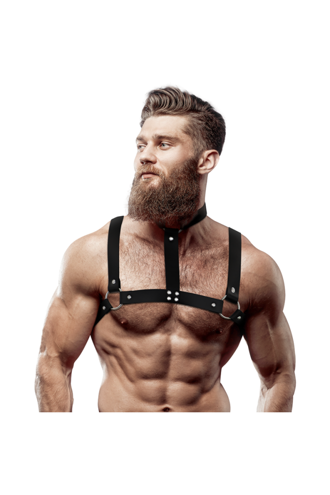 FETISH SUBMISSIVE ATTITUDINE - IMBRACATURA REGOLABILE IN ECOPELLE CON COLLANA PER UOMO