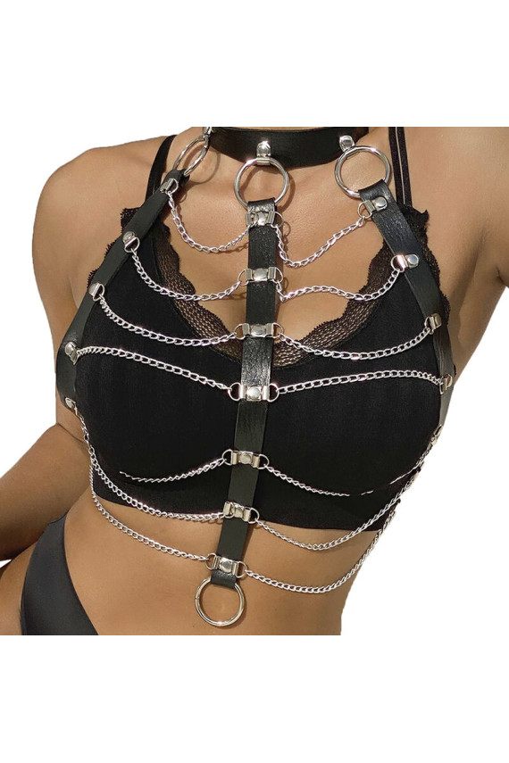 SUBBLIME - PETTORALE CATENE IN PELLE NERA TAGLIA UNICA